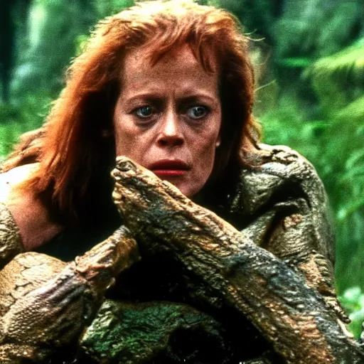 Image similar to film still of a mud - covered sigourney weaver as major dutch hiding behind a rock from the predator in predator 1 9 8 7, hd, 8 k