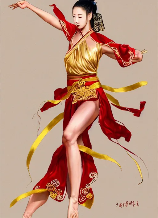 Prompt: full body portrait of a dancer throwing silk belts, feet, barefoot, full body, slightly tanned, vivacious, extremely beautiful, gold jewelry, hanfu, chinese ribbon dance, wide ribbons, silk belt, ming dynasty, detailed, realistic face, anatomically accurate, fantasy illustration, dnd, artstation, wlop.