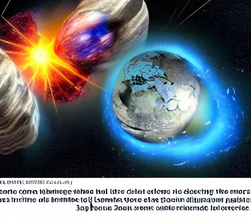 Image similar to A cosmic collision destroys the planet Earth, the shockwave sends rubble and meteorites streaking through the unforgiving void