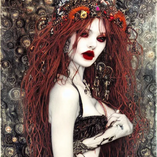 Image similar to stunning feminine vampire with fangs, intricate detail, klimt, royo, whealan,