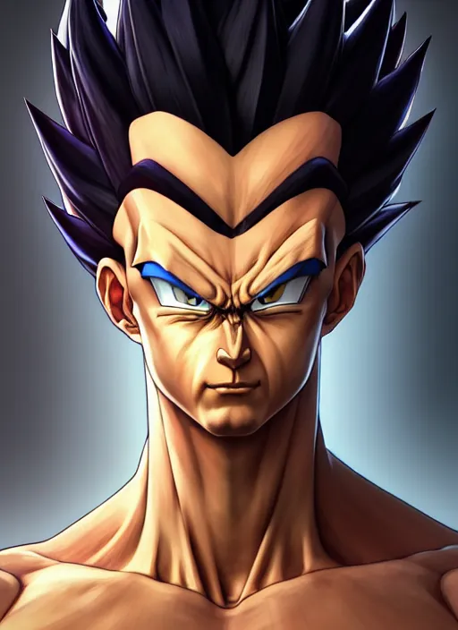 Image similar to by greg rutkowski, symmetry, concept art by artgerm, distance render portrait of a hyper realistic prince vegeta, intense, epic, ssj, alphonse mucha, octane render, highly detailed, high quality, 8 k, soft lighting, path traced, and uang guangjian and gil elvgren, symmetry!!