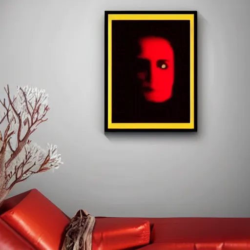 Prompt: a framed painting of hal 9000 mounted on a wall inside of a dark room