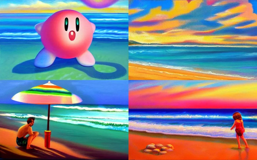 Prompt: Kirby at the beach, oil painting on canvas, 8k, highly detailed, soft lighting