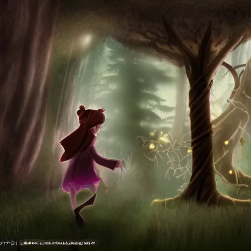 Prompt: a dark fantasy drawing of a wild child finding an old tree person in enchanted dark forest, cinematic, volumetric light