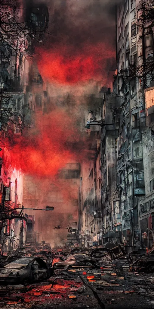 Image similar to post - apocalyptic kreuzberg streets, burned cars, explosions, colorful smoke, hyperrealistic, gritty, damaged, dark, urban photography, photorealistic, high details