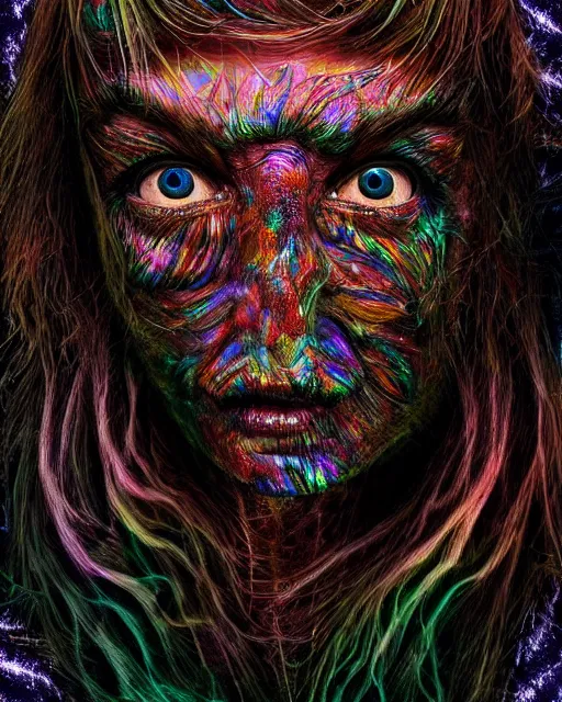 Image similar to realistic portrait of a creature experiment gone wrong, psychedelic, dark art, facing camera, photo realistic, detailed, 1 4 5 0, delicate, hyper realism, ultra realistic, 8 k