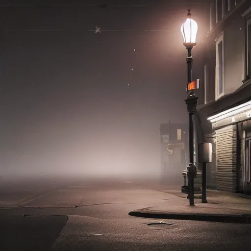 Prompt: A stunningly beautiful award-winning 8K high angle from 2nd floor cinematic movie photograph looking down diagonally across a spooky dark very foggy empty lightless main street intersection in an abandoned 1950s small town at night. perfect composition, moody low key. Color palette from Seven, greens yellows and reds. 2 point perspective. Octane render