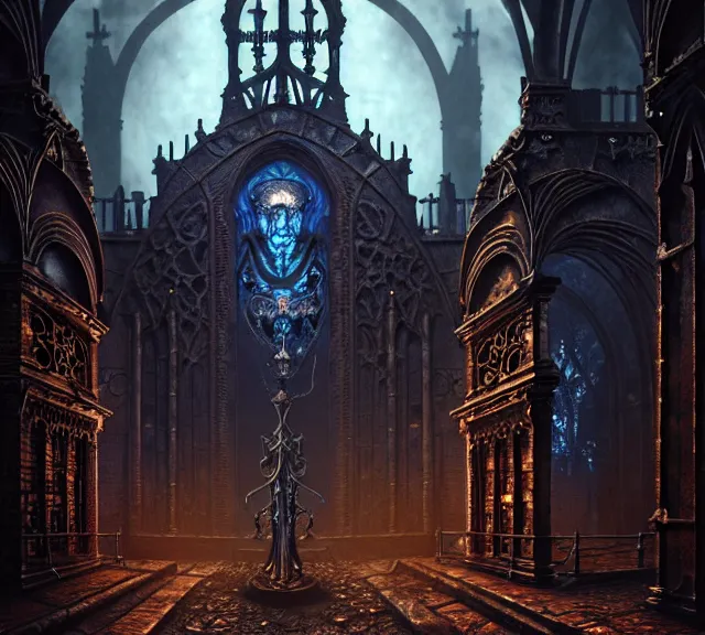 Image similar to steam necropolis, memento mori, gothic, neo - gothic, art nouveau, hyperdetailed copper patina medieval icon, stefan morrell, philippe druillet, ralph mcquarrie, concept art, steampunk, unreal engine, detailed intricate environment, octane render, moody atmospherics, volumetric lighting, ultrasharp, ominous, otherworldly