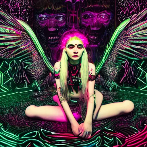 Image similar to a highly detailed symmetric wide shot of Grimes as the devil, sitting in a large glitter simulation with skulls and neon computer code, trending on artstationHD