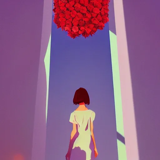 Image similar to giant flower under head, woman next to modern windows, luxury apartment, surreal photography, dramatic light, impressionist painting, digital painting, artstation, james gilleard