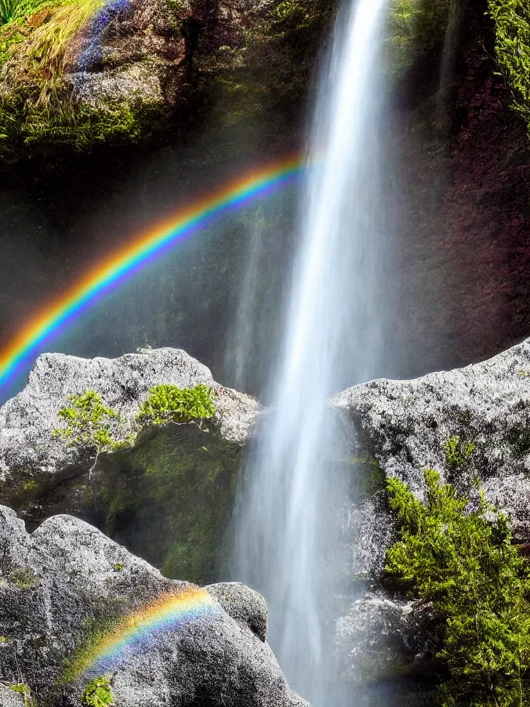 Prompt: artdeco of waterfall cascading onto rocks, small rainbow emerging in background, ethereal, beautiful scenery, detailed, amazing, glitter