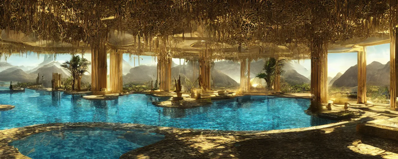 Image similar to surreal hyper luxury spa with intricate golden details with view to arid mountains and palm forest, ultra detailed, photorealism, sharp focus, volumetric light, global illumination