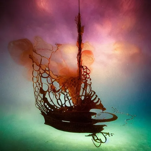 Prompt: dreamlike film photography of a 1880s art nouveau space ship made of copper at night underwater in front of colourful underwater clouds by Kim Keever. In the foreground floats a seasnake. low shutter speed, 35mm