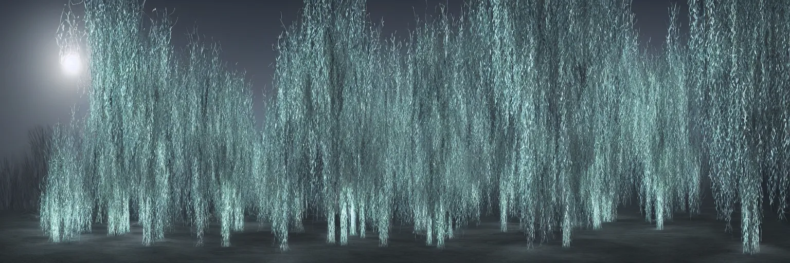 Prompt: “bioluminescent crystal willow trees, Artstation HQ, photorealistic, hiperrealistic, sharp focus, 4k UHD, Unreal Engine 5, cinematic shot, cinematic lightning, dark tones, high contrast, intricate, masterpiece”