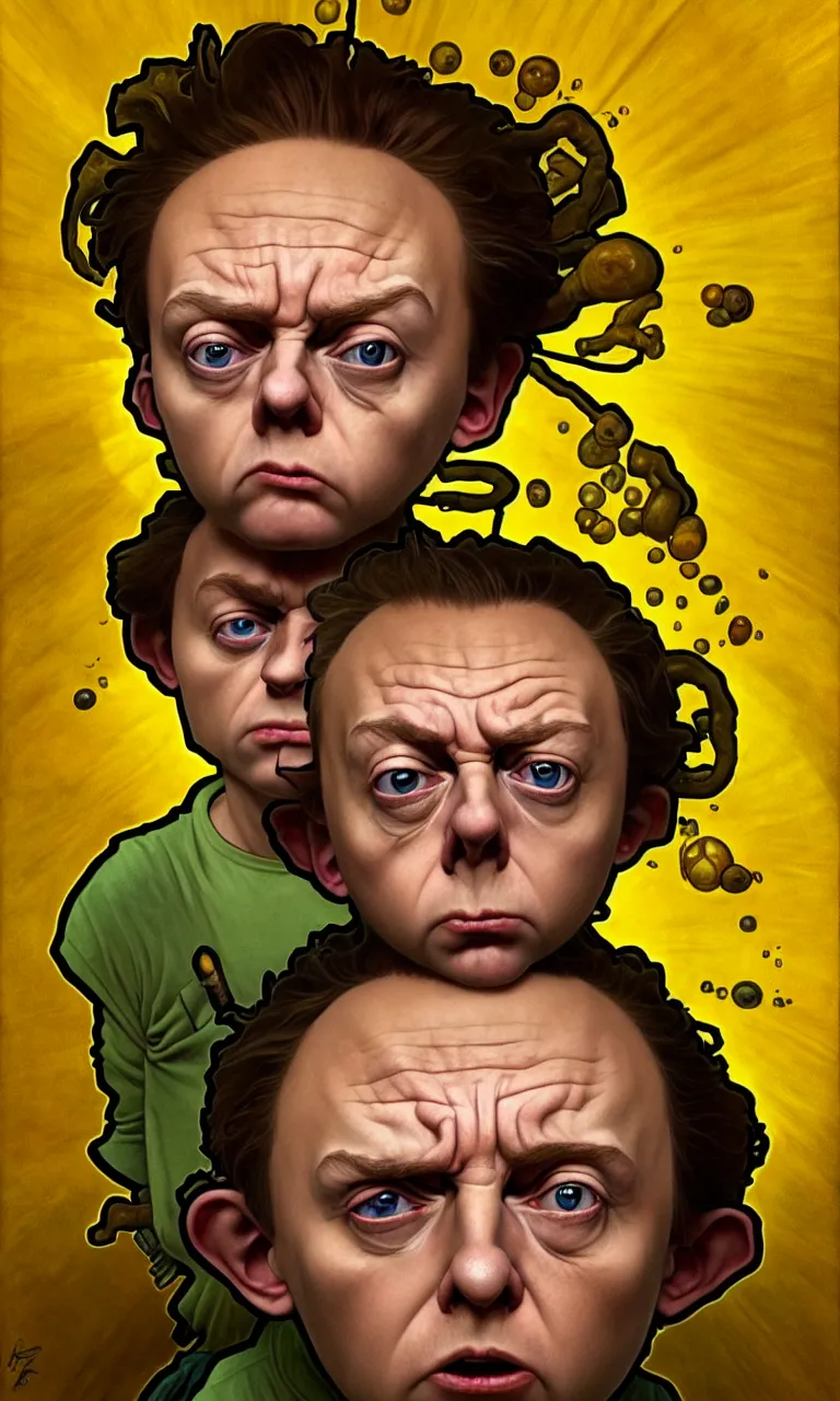 Image similar to hyper realistic grotesque portrait of an very young 1 2 yr dumb roundheaded round head morty, from rick and morty, worried, yellow t - shirt, portal in the background, by lee bermejo, alphonse mucha and greg rutkowski