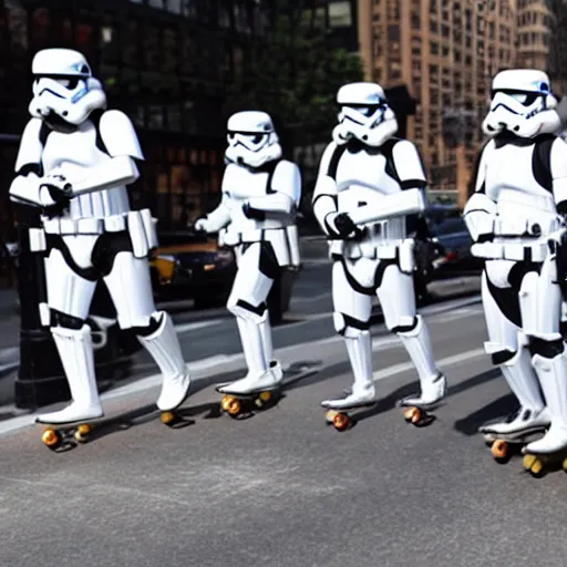 Prompt: several stormtroopers riding skateboards on Park Ave in New York City, photo, 4k