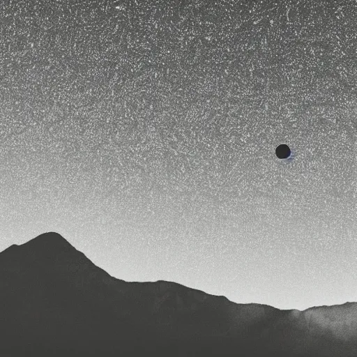 Prompt: a black dot in the sky pulling in a mountain, dark lighting, landscape