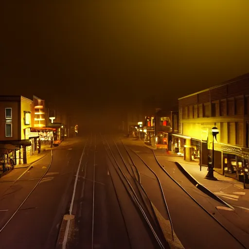 Prompt: A stunningly beautiful award-winning 8K high angle from 3rd floor cinematic movie photograph looking down diagonally across a spooky dark very foggy empty lightless moonlit main street intersection in an abandoned 1950s small town at night. perfect composition, moody low key backlit. Color palette from Seven, greens yellows and reds. 2 point perspective. Octane render