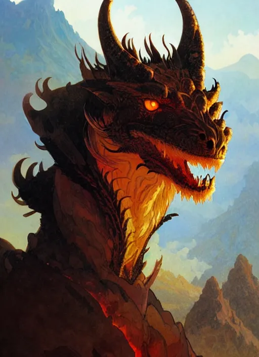 Image similar to ''face portrait furry handsome dragon, volcano landscape, fantasy, d & d, sharp focus, digital painting, art by greg rutkowski and alphonse mucha''