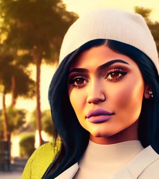 Prompt: photography of kylie Jenner, pleading eyes, cute pout, bright sunny time, serene city setting, medium shot, mid-shot, highly detailed, trending on Artstation, Unreal Engine 4k