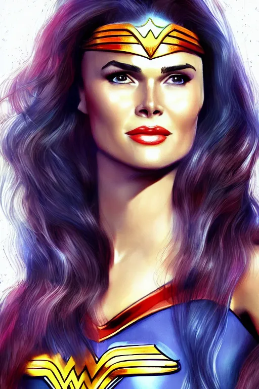 Image similar to portrait of a mix of beautiful young maria shriver, mariel hemmingway, brooke shields and elle macpherson as wonderwoman, thin lips, hair tied up in a pony tail, colorful artstation, cgsociety