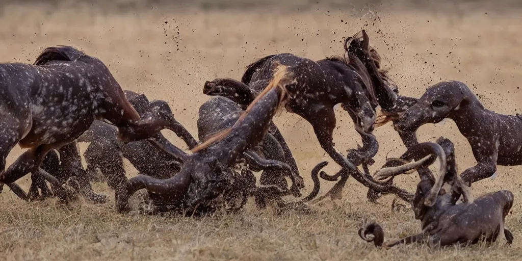 Image similar to national geographic photo of horse full of octopus being eaten by african hunting dogs