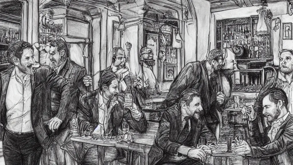 Prompt: A French man, A Dutch man and a British man walk into a pub, ballpoint pen artwork