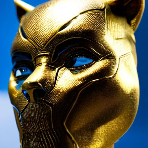 Image similar to a close up photo of a detailed golden statue of Black Panther, 8K,