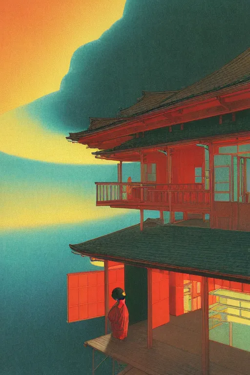 Image similar to lsd blotter by kawase hasui, moebius, Edward Hopper and James Gilleard, Zdzislaw Beksinski, Steven Outram, 8k, artstation