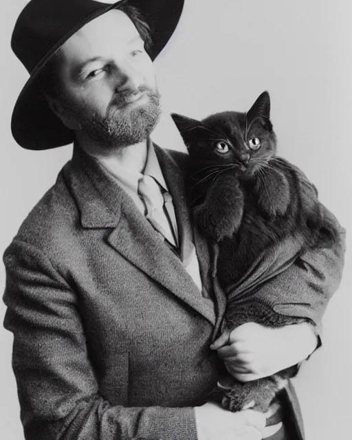Image similar to gentlemen wearing a hat and wearing a baby sling on the back with a kitten in the sling, studio portrait, golden ratio, backlit