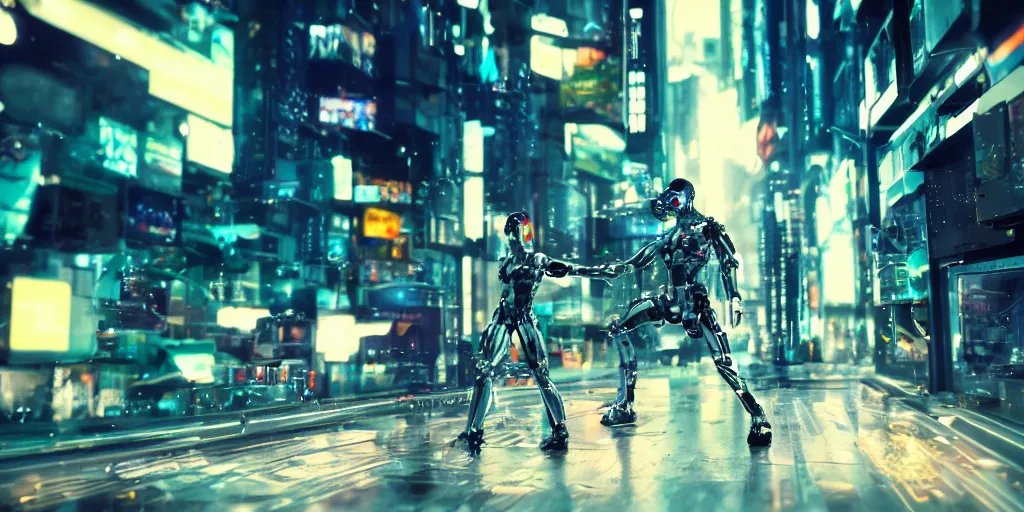 Image similar to Cyberpunk android chrome Robots dramatic movie scene with dynamic movement and motion blur and bokeh and forced perspective, shot on imax, cinematic scene, cinematographic composition, CineStill 800T Film