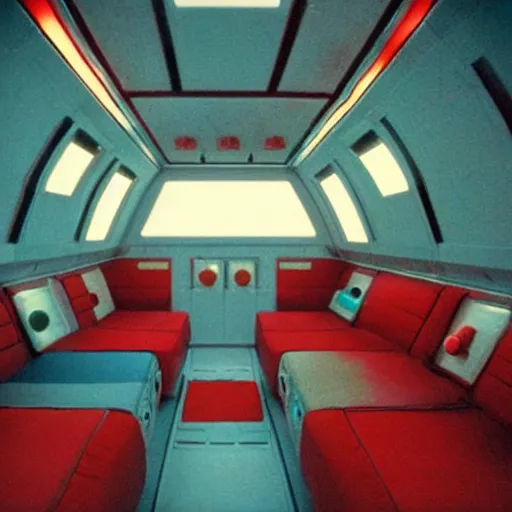 Prompt: A Wes Anderson style interior of a space ship from 2001: A Space Odyssey