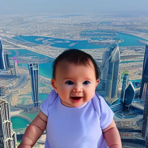 Image similar to hyper realistic baby standing at the top of burj khalifa and the background is the view of the sea photography