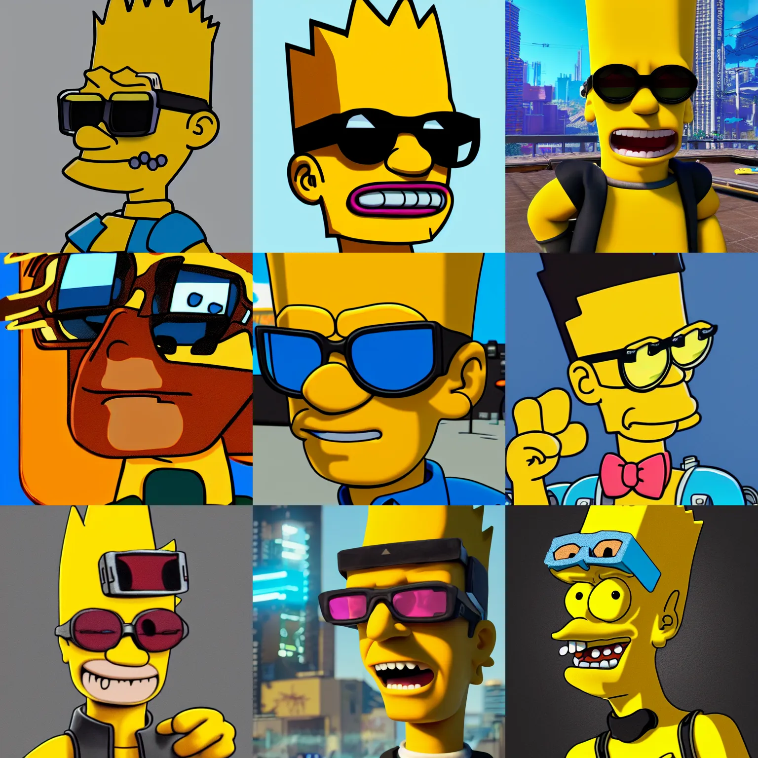 Prompt: Bart Simpson, wearing shades, as a 3d-cartoon character portrait in Cyberpunk 2077, looking at camera, intricate, sci-fi, extremely detailed, cartoon, artstation