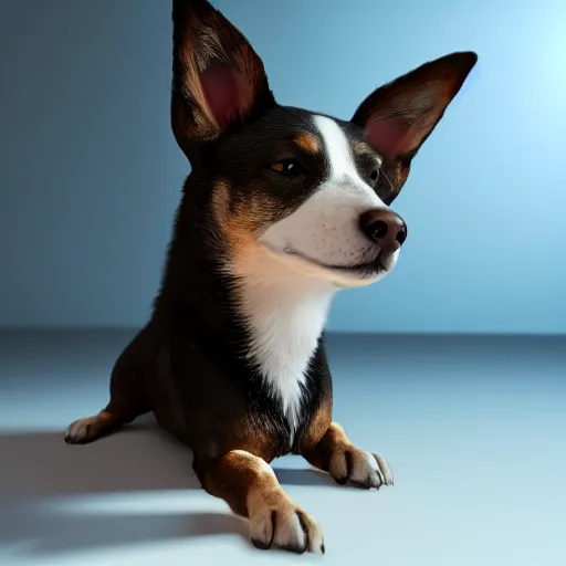 Prompt: crisp quality and light reflections, photorealistic portrait, studio lighting, still photo of a cute dog, bright studio setting, highly detailed, unreal engine 5 quality render