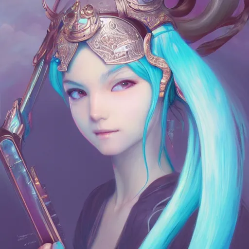 Image similar to portrait of hatsune miku, D&D, fantasy, intricate, elegant, highly detailed, digital painting, artstation, concept art, smooth, sharp focus, illustration, art by artgerm and greg rutkowski and alphonse mucha