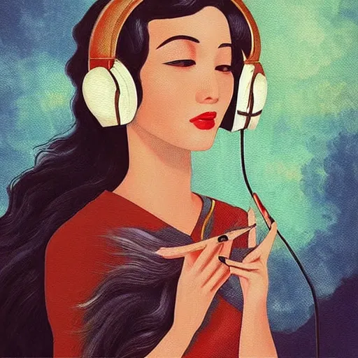 Image similar to intricate, amazing, art deco, retro vintage and romanticism, painting by natelle quek, soft color palette, highly detailed, godess with headphones from space sci - fi of ancient religion