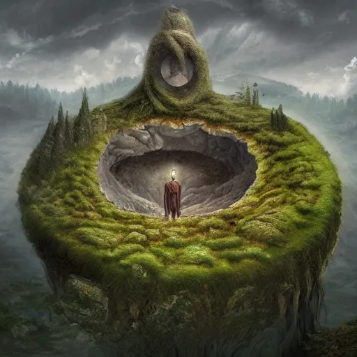 Image similar to photorealistic, the circular hollow earth fantastical landscape with the dreaming god in the middle of it , by Anton Semenov, trending on artstation