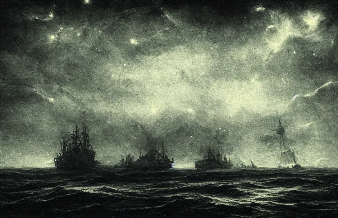 Image similar to stars lingering above ship ever further out to sea intact flawless ambrotype from 4 k criterion collection remastered cinematography gory horror film, ominous lighting, evil theme wow photo realistic postprocessing implicit link is made between form has depth as well as width and height. three - dimensional form is the basis painted without underdrawings by jan urschel by jan urschel