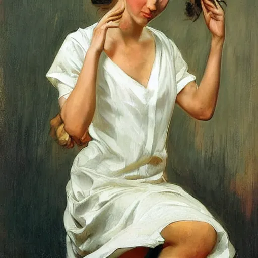 Prompt: epic portrait an nurse in a white dress and short sleeves, beautiful, shiny skin, wet flowing hair, made by j. c. leyendecker