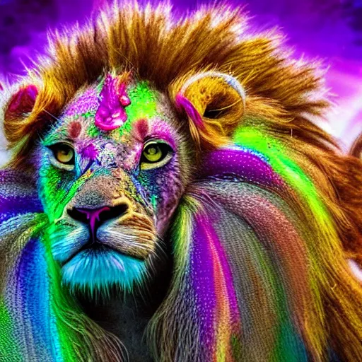 Prompt: a purple speckled lion - ostrich creature, engulfed in twisting glowing iridescent alien flora, with strange rainbow alien flowers, dramatic, award - winning photography, realism