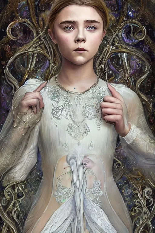 Prompt: a full body art nouveau portrait of a 16-year old girl who resembles Chloe Grace Moretz and Saoirse Ronan with a worried, intense gaze, wearing sheer silks and ornate intricate iridescent mother-of-pearl jeweled armor, intricate, elegant, highly detailed, digital painting, artstation, concept art, smooth, sharp focus, illustration, art by John William Waterhouse and William Adolphe Bouguereau and Donato Giancola and Alphonse Mucha