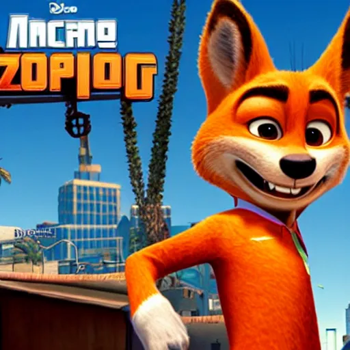 Image similar to Nick Wilde (from Zootopia) in a Grand Theft Auto loading screen