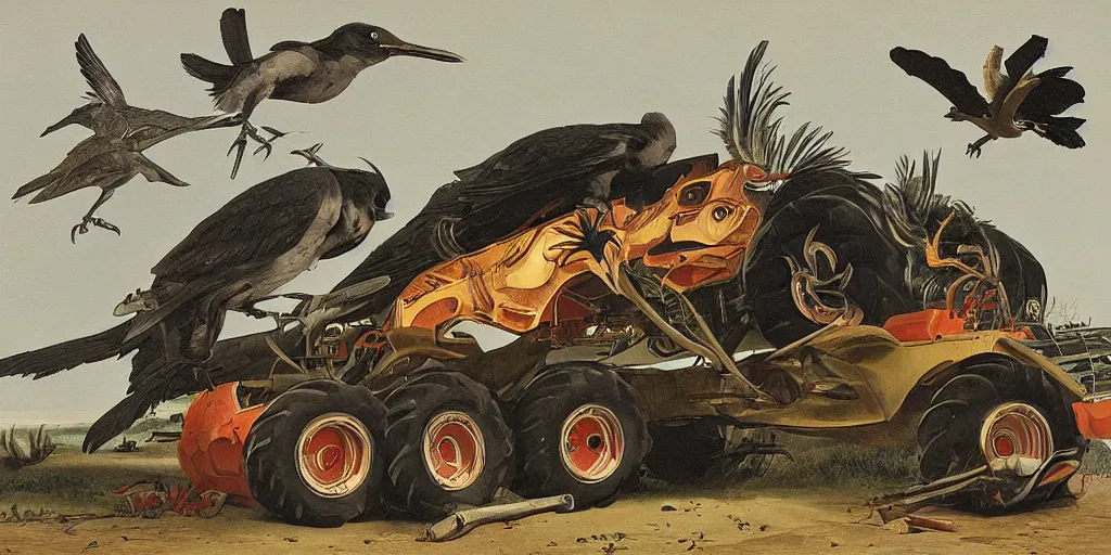 Image similar to Monster truck, in the style of birds of america, painting by john james audubon