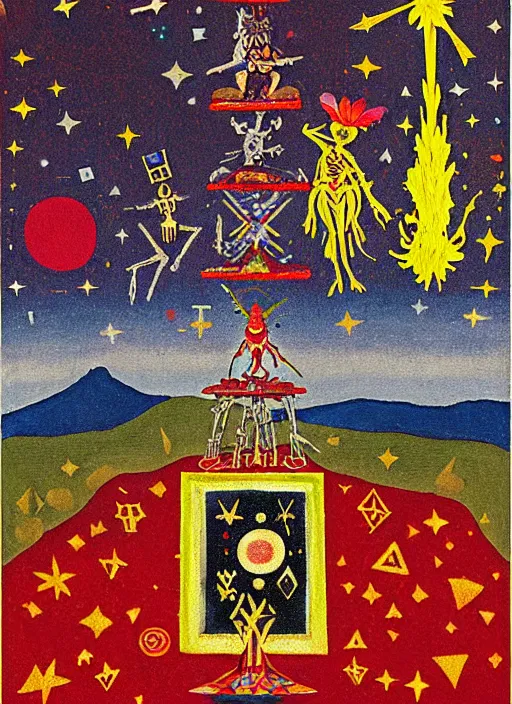 Image similar to pixel decollage painting tarot lovers card composition tower of babel road red armor maggot bear and wonky alien frog skeleton knight on a horse in a dark red cloudy night sky with golden foil jewish stars, occult symbols and diamonds, mountain lake and blossoming field in background, painted by Mark Rothko, Helen Frankenthaler, Danny Fox and Hilma af Klint, pixelated, neo expressionism, semi naive, pastel colors, cinematic, color field painting, cave painting, voxel, pop art look, outsider art, minimalistic. Bill Traylor painting, part by Philip Guston and Francis Bacon. art by Adrian Ghenie, very coherent symmetrical artwork, cinematic, hyper realism, high detail, octane render, unreal engine, Smooth gradients, depth of field, full body character drawing, extremely detailed, 8k, extreme detail, intricate detail, masterpiece