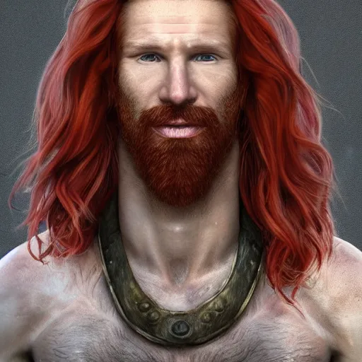 Image similar to portrait of a ruggedly handsome!!!!! male ship captain with long red hair!!!!!!, 30 years old, upper body, wavey hair, muscular, friendly, playful, D&D, hairworks, Unreal 4, fantasy, elegant, highly detailed, digital painting, hairworks, deviantart, artstation, concept art, sharp focus, dramatic lighting, illustration, art by Artgerm and Greg Rutkowski and Alphonse Mucha