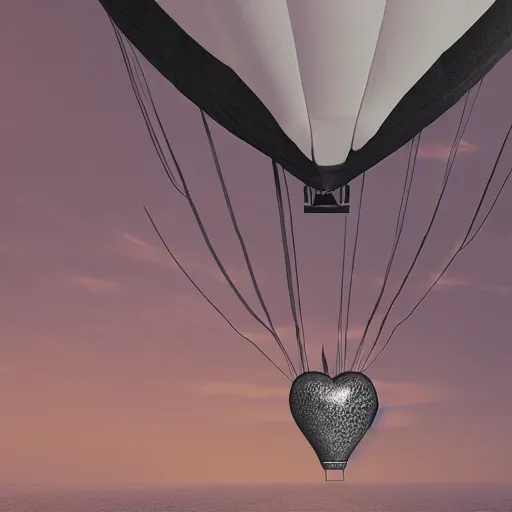 Image similar to realistic extremely detailed photo style painting of a hot air balloon with a picture of two black swans swimming, touching heads, forming a heart with their necks, granular detail, holographic krypton ion, octane render, 4k, f32,55mm photography, wide angle