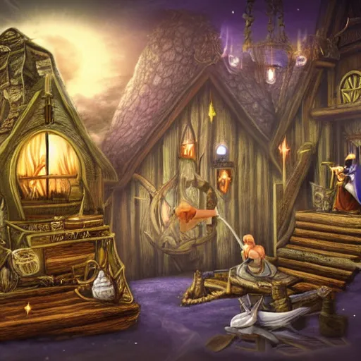 Prompt: Fantasy kingdom image in magic sphere of old cruel whitch in wooden house full of dark magic tools