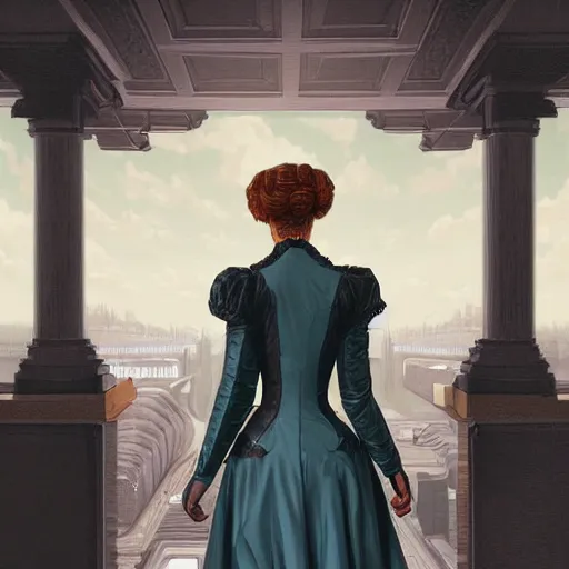 Prompt: portrait of a victorian lady in a futuristic city, from behind, streets, in the year 2300, highly detailed, digital painting