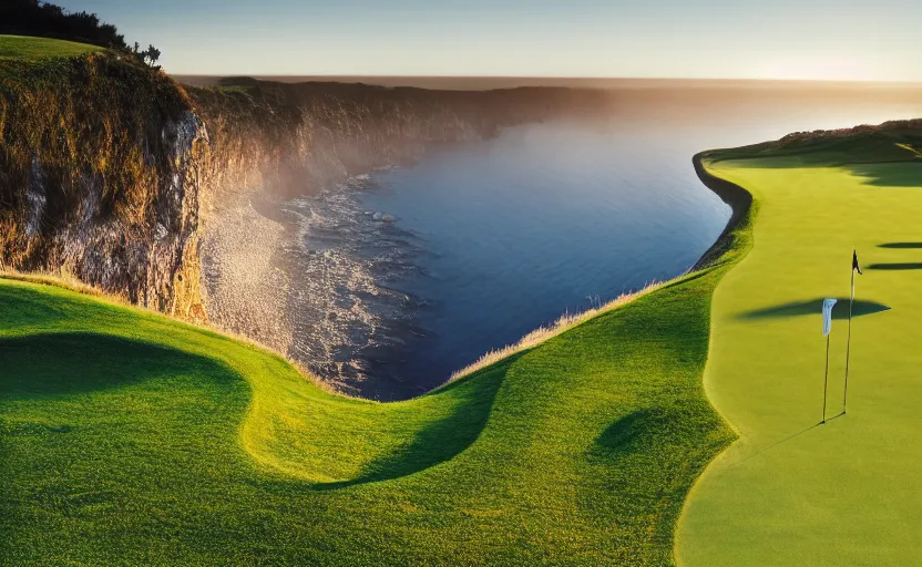 Image similar to a great photograph of the most amazing golf hole in the world, cliffs by the sea, perfect green fairway, human perspective, ambient light, 5 0 mm, golf digest, top 1 0 0, morning fog